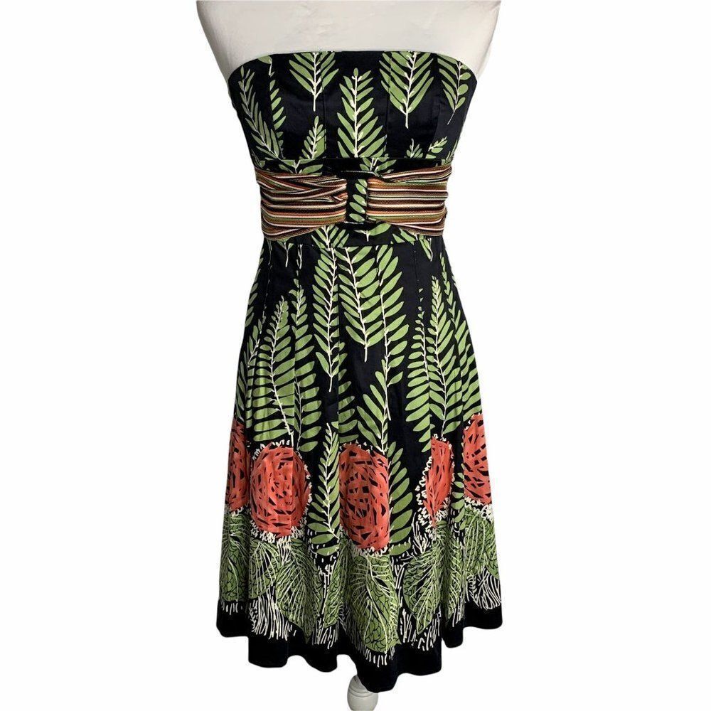 Kay Unger Pleated Strapless Dress 4 Black Floral Belted Boning Jungle Print